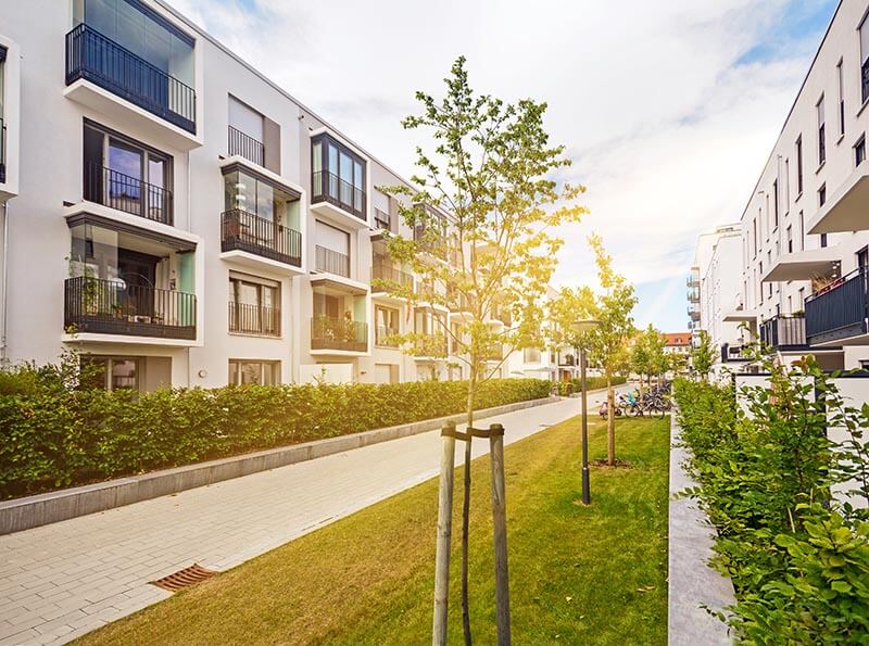 Modern residential buildings with outdoor facilities