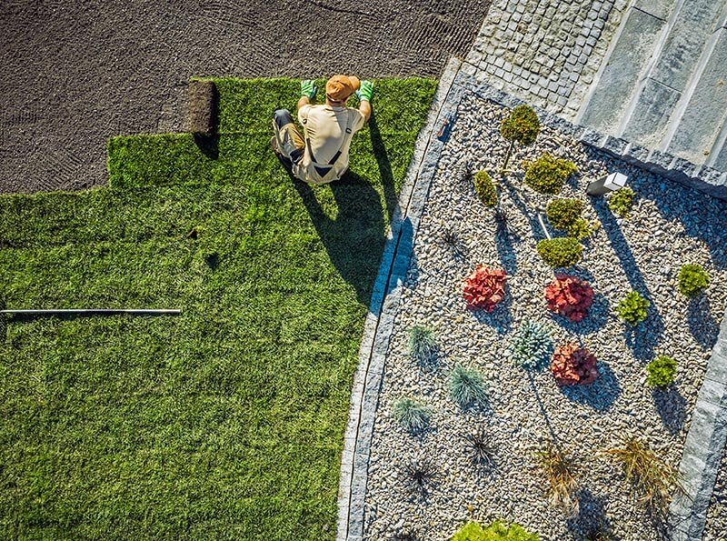 landscaping contractor installing new turf on backyard